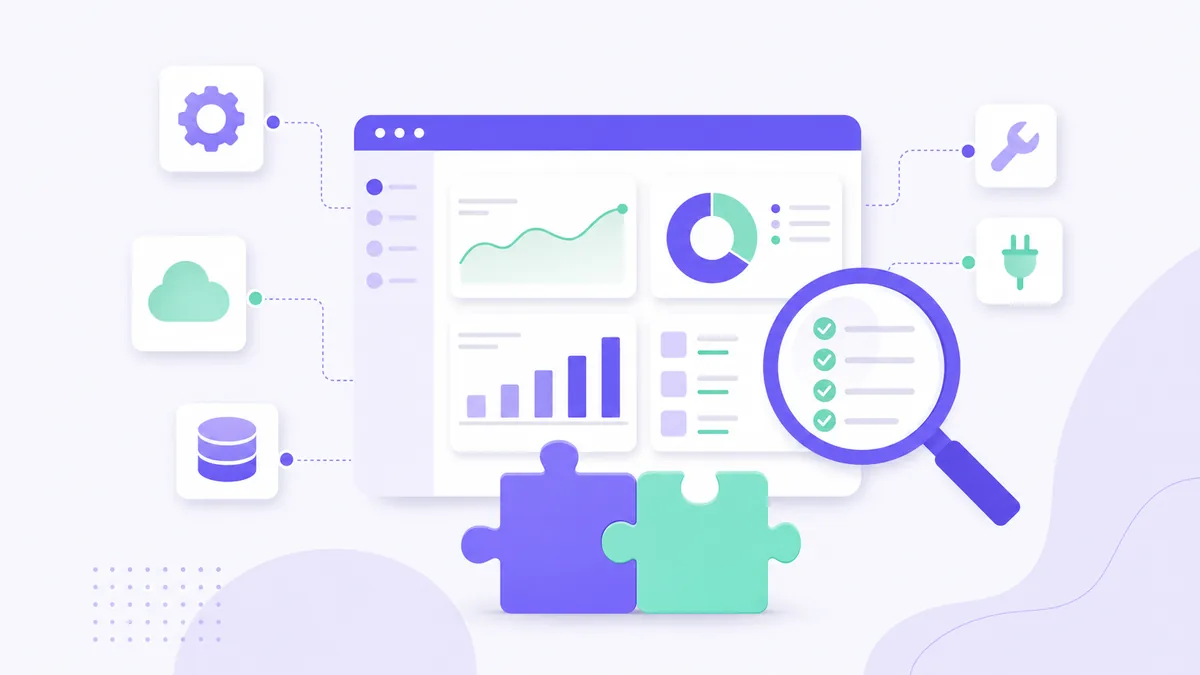 Flat illustration of a software dashboard surrounded by connected tool icons and puzzle pieces
