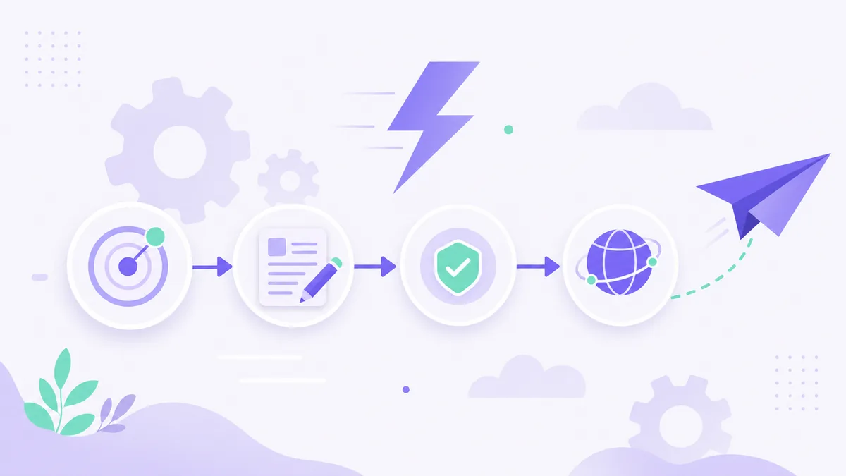 Flat illustration of a connected workflow pipeline from detect to draft to approve to publish