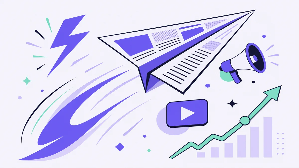 Flat illustration of a newspaper folded into a paper plane rocketing upward with a lightning bolt, a megaphone, a play button, and a rising trend line