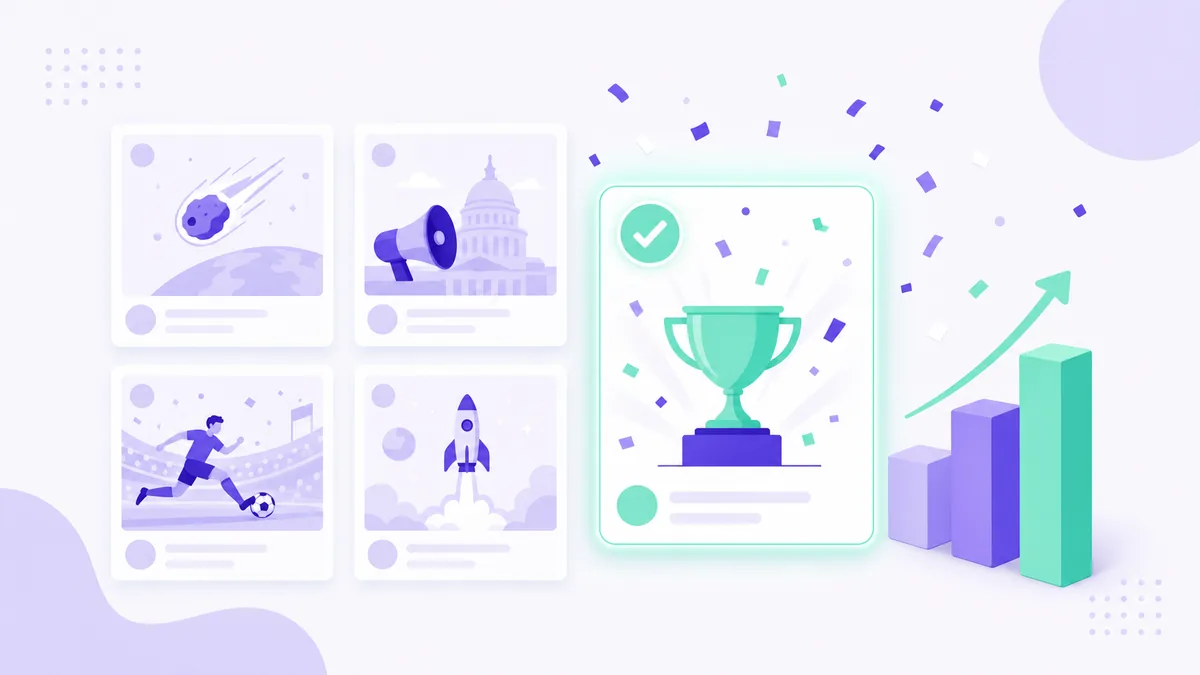 Flat illustration of a gallery of campaign cards with a winning trophy and confetti
