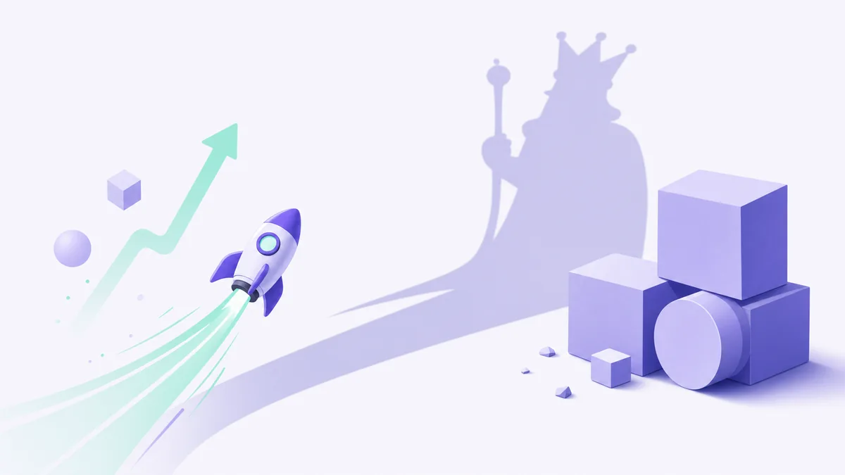 Flat illustration of a small rocket casting the large shadow of a king