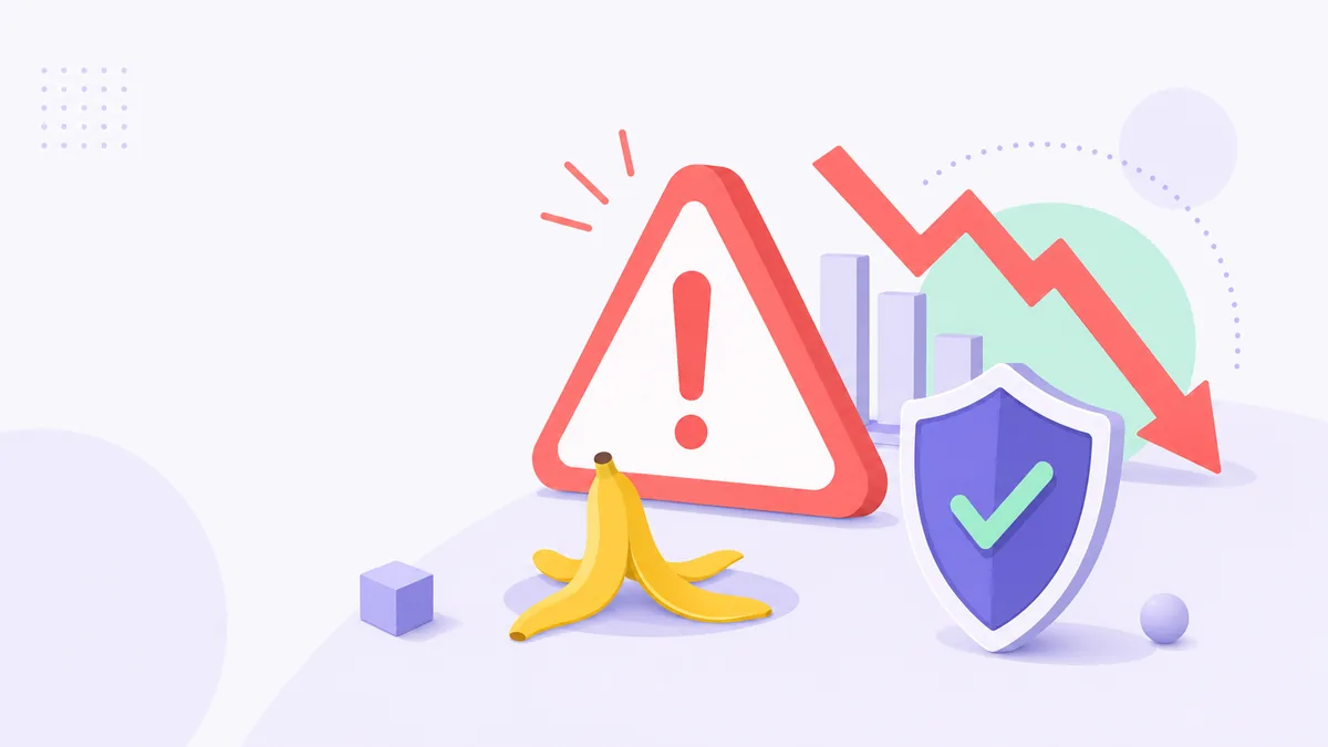 Flat illustration of a warning triangle, a banana peel, a falling chart, and a protective shield
