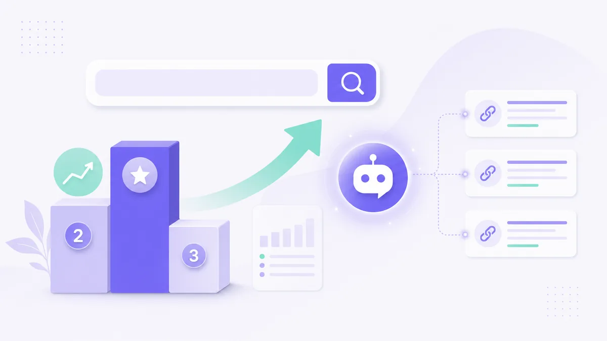 Flat illustration of a search bar, a ranking podium, and an AI assistant citing sources