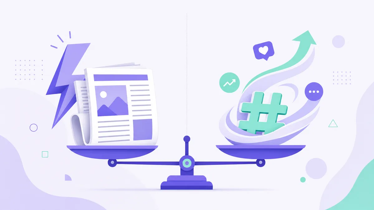 Flat illustration of a balance scale weighing a breaking-news bolt against a social trend swirl