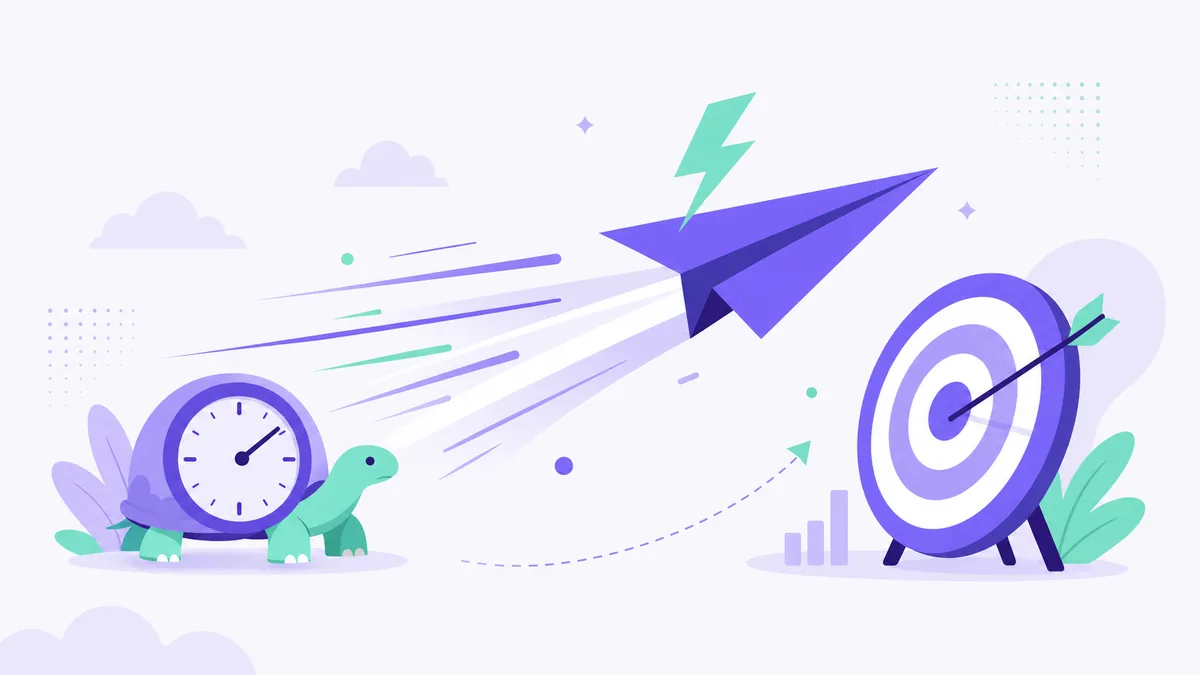 Flat illustration of a fast paper plane with a lightning bolt racing past a slow clock toward a bullseye
