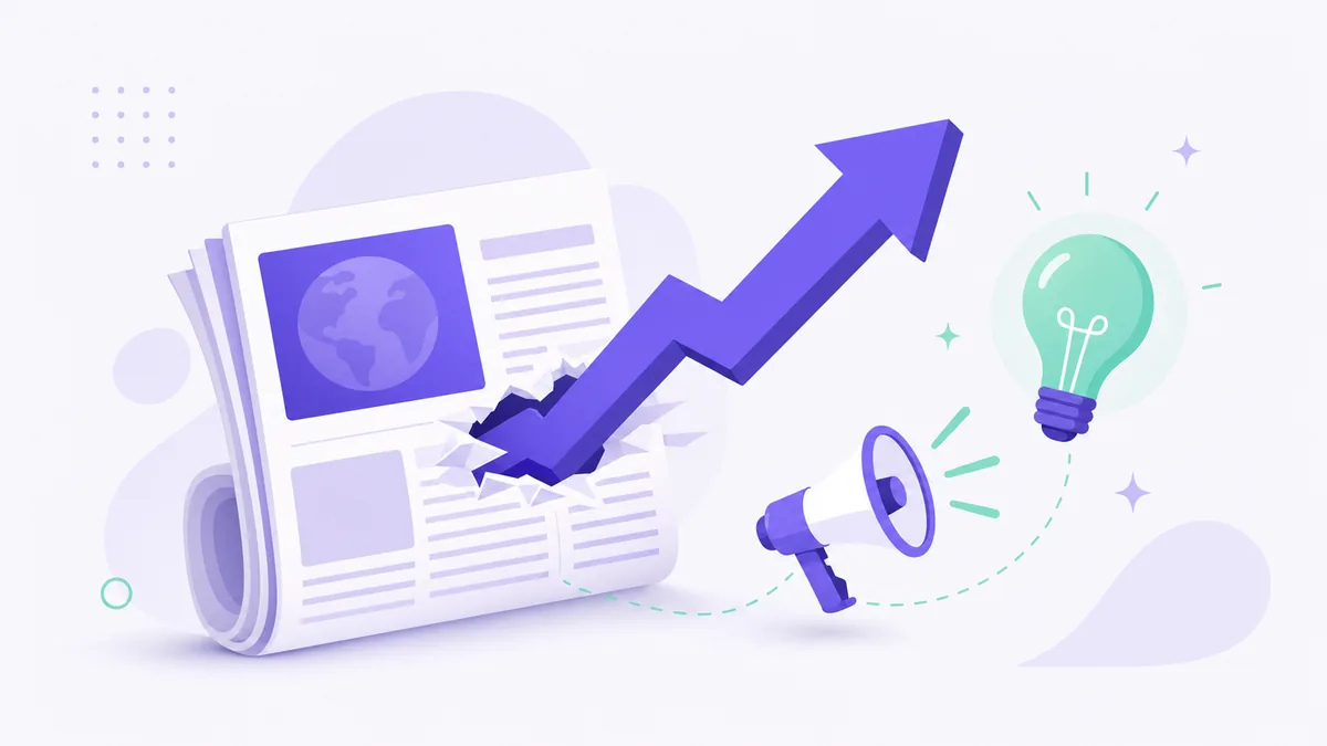 Flat illustration of a newspaper with a rising trend arrow bursting out, a megaphone, and a lightbulb
